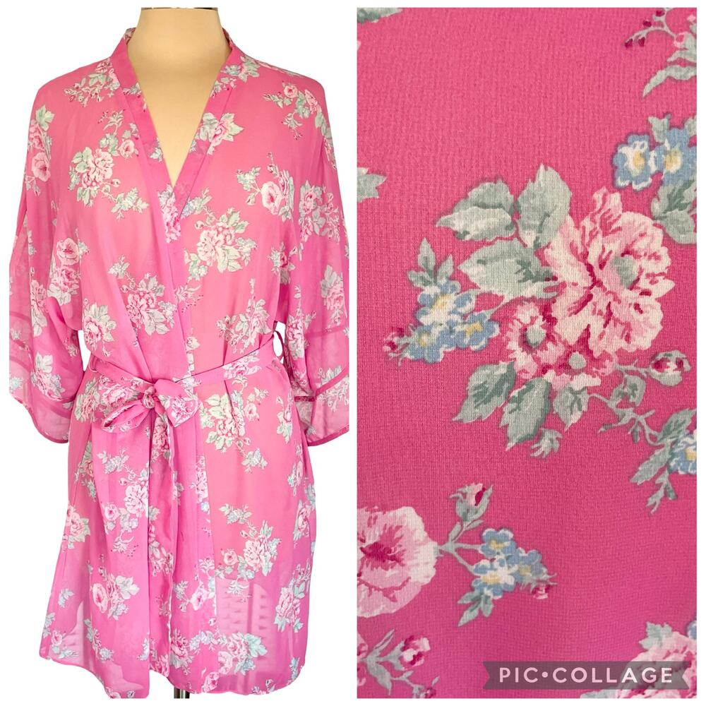 Flora Nikrooz Semi Sheer Chiffon‎ Short Robe Pink Floral Print Tie Belt MEDIUM